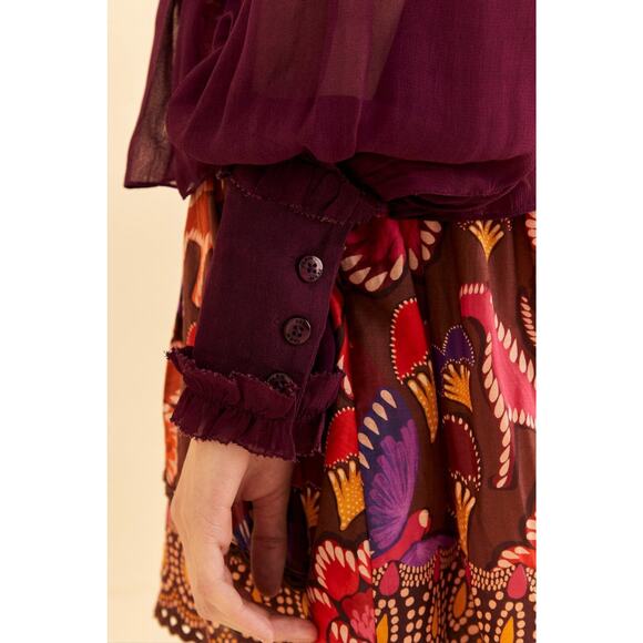 Farm Rio Ruffle High Neck Chiffon Burgundy Blouse XS - Picture 3 of 15